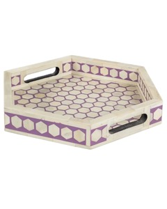 Plateau de service rectangulaire décoratif en bois, fait main, de luxe, avec incrustations en os violettes, pour petit-déjeuner, thé, café, ottoman, ou plateau de vanité, motif géométrique - Product Image 1