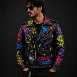 Veste de moto en cuir pour homme, style punk, imprimé graffiti, fermeture éclair, col rabattu, vêtement d'automne - Product Image 2