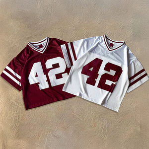 <b>White</b> V-Neck Custom Printed <b>Football</b> Jersey Maroon 42 Number Short Sleeve Mesh Breathable 3D Embroidery Unisex Adult Regular Fit - Product Image 1