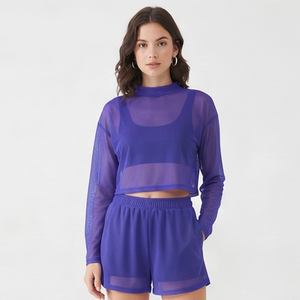 Transparent Mesh <b>Shorts</b> Set <b>Women</b> High Neck Mesh <b>Long</b> Sleeve Crop Top <b>Shorts</b> Two Piece Ladies 100% Polyester Mesh <b>Shorts</b> Sets - Product Image 5