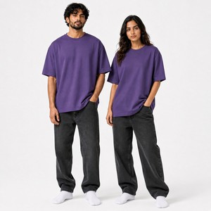 Camiseta Oversize de Algodón Morado con Cuello Redondo y Manga Corta para Hombre y Mujer, Estilo Casual, Color Sólido, Tejido de Punto Jersey, Corte Regular, Unisex, Top Streetwear - Product Image 3