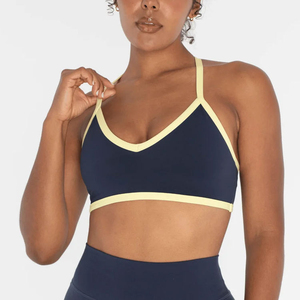 Women's Solid Color V-Neck <b>Spaghetti</b> <b>Strap</b> Sports <b>Bra</b> <b>With</b> Contrast Binding Medium Support Breathable Fitness Wear - Product Image 3