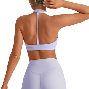 Women's Deep V-<b>Neck</b> <b>Halter</b> Sports <b>Bra</b> Solid Color Breathable Medium Support Yoga Seamless Cut-Out Front Logo Design - Product Image 2