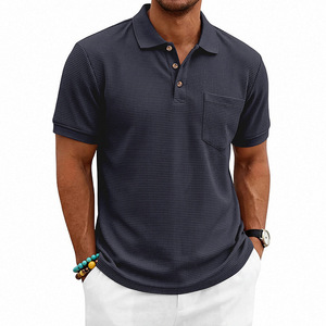 Chemise à manches courtes bleu marine pour homme avec poche, en coton tricoté, décontractée, respirante, coupe classique, 220g, séchage rapide - Product Image 1