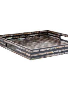 Plateau de service rectangulaire artisanal en nacre avec incrustation de coquillages, motif mosaïque linéaire, côtés surélevés et poignée intégrée - Product Image 3