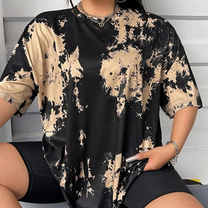 เสื้อยืดผู้หญิงโอเวอร์ไซส์ ลายมัดย้อม สีดำเบจ แขนสั้น คอกลม ทรงหลวม ผ้าเจอร์ซีย์ สำหรับฤดูใบไม้ผลิและฤดูร้อน สไตล์ลำลอง - Product Image 2