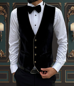 Costume de smoking noir en velours pour homme, 3 pièces, tenue de cérémonie avec garniture dorée, revers cranté, simple boutonnage, style britannique - Product Image 3