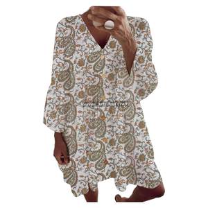 Vestido Boho Primavera-Verano 2026, Casual y Chic, con Estampado de Bloques, Hombros Descubiertos, Mangas Campana, Ropa de Playa - Product Image 1