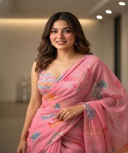 Sari moderne en coton fantaisie à imprimé floral en organza et broderies de perles, avec chemisier non cousu, pour tenue de soirée, prix de gros, vêtement ethnique, multi-usages - Product Image 5