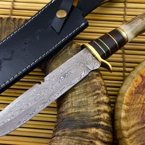 Couteau à lame fixe en acier Damas fait main, manche en bois de cerf, pointe tombante, pour la chasse, le dépecage, le camping et la survie - Product Image 5