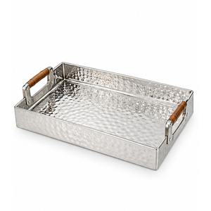 Bandeja de servir de acero inoxidable martillado, rectangular, de lujo, decorativa, con asas de madera, para suministros de hoteles y restaurantes. - Product Image 1
