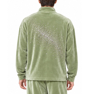 Ensemble de survêtement en velours pour homme, haut à col montant zippé, design brillant au dos, pantalon droit, coupe décontractée, deux pièces, tenue de détente - Product Image 5