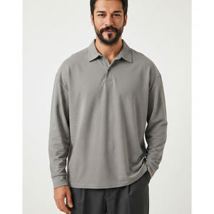 Polo à manches longues pour homme, gris uni, 100% coton piqué, tricoté, décontracté, respirant, coupe classique, boutons, polos pour homme - Product Image 4