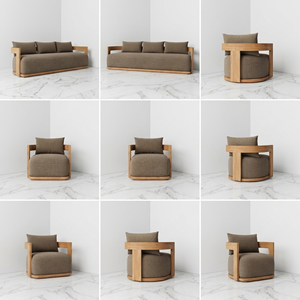 Wholesale Scandinavian Wood Sofa Set Direct Factory Curved Frame <b>Armchair</b> Ottoman Coffee Table Bulk Import Supply Private Label - Product Image 2