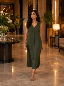 Vestido Midi Verde con Cuello Cuadrado y Mangas Abullonadas, Botones al Frente, Abertura Lateral, Estilo Bohemio, 100% Lino, Transpirable, Ecológico, Sencillo - Product Image 2