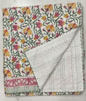 Couvre-lit indien traditionnel Kantha en coton 300 fils, imprimé à la main, motif floral, pliable, personnalisable, écoresponsable