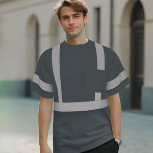 เสื้อยืดทำงานสีเทาเข้มสำหรับผู้ชาย พร้อมแถบสะท้อนแสงและกระเป๋าหน้าอก ผลิตจากวัสดุโพลีเอสเตอร์ - Product Image 4