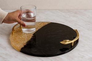 Luxury <b>Black</b> & Gold Wooden Serving Tray Handmade Customizable Decorative Tray with Designer Handles - Product Image 1