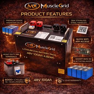 Batterie solaire au lithium LiFePO4 MuscleGrid 48V 100Ah avec BMS intelligent, plus de 6000 cycles, communication RS485 et CAN, systèmes solaires domestiques - Product Image 4
