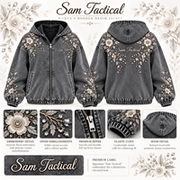Blouson bomber gris en jean délavé pour femme avec broderie florale, manches lanternes et fermeture éclair – Collection automne – Vente en gros – Personnalisation OEM