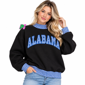 <b>Women's</b> <b>Black</b> Mock Neck Sweatshirt with Blue Gingham Collar and Cuffs Drop Shoulder Cotton <b>Fleece</b> Top Mockneck Sweatshirt - Product Image 3