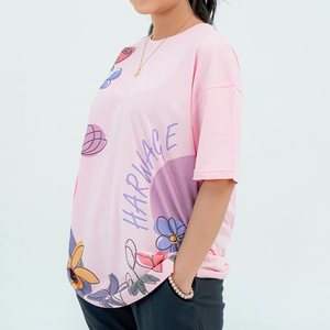 T-shirt décontracté à manches courtes et col rond pour homme, imprimé floral rose, coupe ample, jersey en coton, design sur le devant - Product Image 5