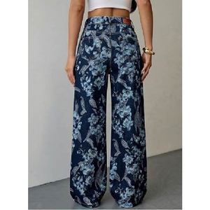 Pantalones Vaqueros de Mezclilla de Pierna Ancha con Estampado Floral de Cintura Alta para Mujer, Estilo Casual y Holgado, de Pierna Recta, Azules, Venta al por Mayor - Product Image 2