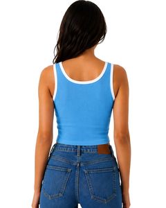 Sky Blue Women Ribbed Crop Tank Top White Trim Sleeveless V Neck Slim Fit Casual Summer Stretch Cotton Vest Fashion Ladies Tops - Product Image 2