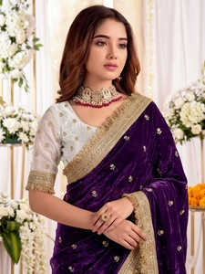 AARA Fashion Purple <b>Velvet</b> Silk <b>Saree</b> Gold Embroidery Border Sun Protection Wedding Occasion Women Traditional Floor Length - Product Image 3