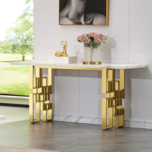Table console minimaliste blanche avec un cadre en X géométrique doré moderne, disponible à prix de gros. - Product Image 4