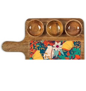 Bandeja de servir de madera hecha a mano con 2 cuencos, diseño floral bohemio, plato cuadrado para fiestas de blossom craft india - Product Image 5