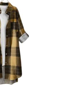 Vestido Camisero Largo a Cuadros Marrón Mostaza Personalizado para Mujer, Estilo Túnica Casual con Botones, Holgado y Suave de Algodón y Lino - Product Image 2