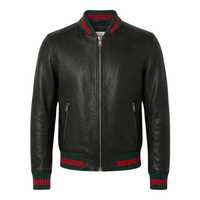 Blouson Bomber Homme Premium en Cuir Véritable, Col Baseball, Coupe Slim, Bordures Côtelées Rayées, Fermeture Éclair, Style Décontracté, Vente en Gros