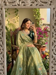 Pure soft fancy <b>satin</b> silk <b>saree</b> with beautiful hand work with pearl moti work net hand made flower work butta with cutdana - Product Image 1