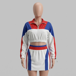 Ensemble de survêtement sportif color-block pour femme, haut court zippé à manches longues avec jupe assortie, coupe classique, idéal printemps-été - Product Image 1