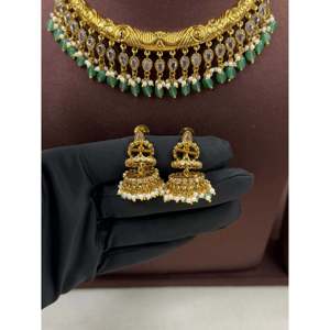 Indian Ethnic Reva Victorian Traditional <b>Gold</b> Plated CZ Bridal Necklace & Earring <b>Set</b> - Product Image 5