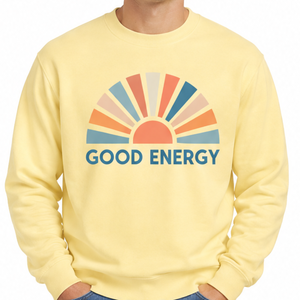 OEM Custom Light Yellow Fleece <b>Sweatshirt</b> Vintage Sun Rays Screen Print Good Energy <b>Slogan</b> Men Casual <b>Sweatshirt</b> - Product Image 2