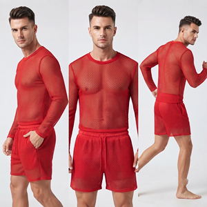 Men's <b>Mesh</b> Shirt <b>Set</b> Casual Long Sleeve <b>Mesh</b> Tops Shorts <b>Two</b> <b>Piece</b> Mens 100% Polyester Summer Clubwear <b>Mesh</b> Shorts <b>Set</b> Men - Product Image 4