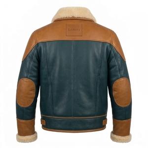 Blouson Aviateur B3 en Cuir Véritable de Mouton pour Homme, Couleur Teal Cognac Marron Contrastant, Col en Laine Crème - Product Image 2