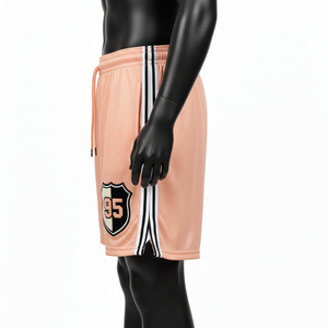 กางเกงว่ายน้ำชายผ้าโพลีเอสเตอร์คุณภาพสูง สีพีชอ่อน ดีไซน์แถบข้างแบบพิเศษ พิมพ์ลายและโลโก้ตามสั่ง - Product Image 6