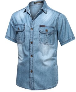 Camisa de Mezclilla para Hombre, Manga Corta, Color Sólido, Transpirable, Corte Regular, Cuello Clásico, Informal, Verano, Algodón Lavado - Product Image 3