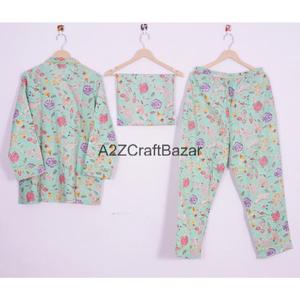 Ensemble de pyjama court pour femme à motif floral imprimé, 100% coton pur, doux, respirant, séchage rapide, avec cordon de serrage - Product Image 4