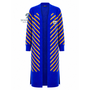 Sigma Gamma Rho Women's Longline Open Front <b>Cardigan</b> Blue Gold Striped Ribbed Cuffs Embroidered Duster <b>Sweater</b> With Side Slits - Product Image 1