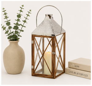 Farol de madera natural con tapa de acero inoxidable, portavelas grande estilo rústico, farol decorativo colgante para decoración del hogar y jardín - Product Image 4