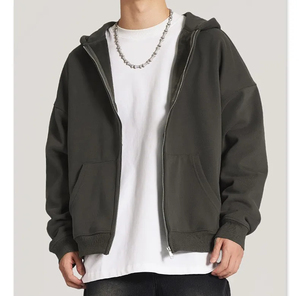 Customize <b>Mens</b> <b>Grey</b> Oversized <b>Zip</b>-Up <b>Hoodie</b> Solid Color Casual Hooded Sweatshirt Breathable Cotton French Terry Autumn Wear - Product Image 3