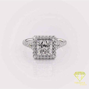 Bague de fiançailles en or blanc avec halo de diamants en moissanite taille princesse, double solitaire, bague de mariage de luxe, bague de promesse - Product Image 5