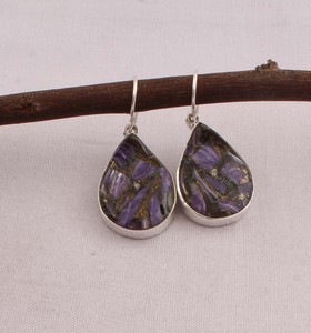 925 <b>Sterling</b> <b>Silver</b> Purple Copper Charoite <b>Earrings</b> Natural Composite Gemstone Teardrop <b>Dangle</b> <b>Earrings</b> Handmade Jewelry Wholesa - Product Image 1