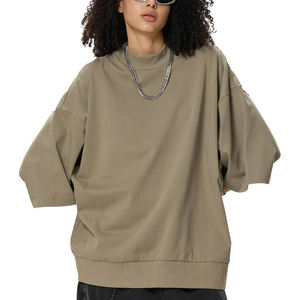 Camiseta Oversize de Mujer con Cuello Alto Estampado Personalizado, Cuello Acanalado Grueso, Ajuste Holgado Cuadrado, Manga Corta, Estilo Urbano - Product Image 4