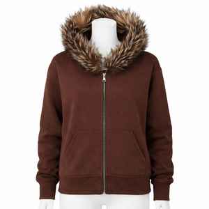 Fabricante de ropa, sudadera con capucha personalizada para hombre, estilo Y2K, de invierno, con cremallera, de algodón, tela French Terry, extragrande, de color sólido, con ribete de piel. - Product Image 5