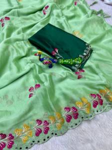 Sari indien ethnique en soie douce brodée Rangoli, motif floral, travail lourd, orné de miroirs, pour les fêtes, avec chemisier de créateur - Product Image 3